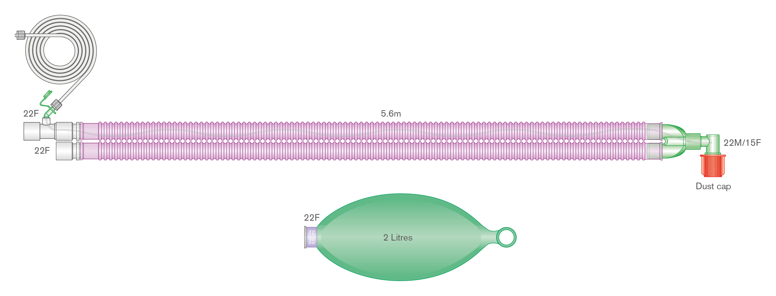 22mm Flextube™ Silver Knight™ anti-microbial breathing system with 2 L bag, and integral monitoring line, ≥ 5.6m 