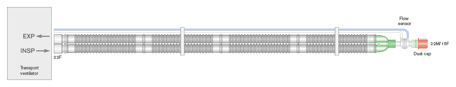 22mm Flextube breathing system with flow sensor. ≥ 1.6m