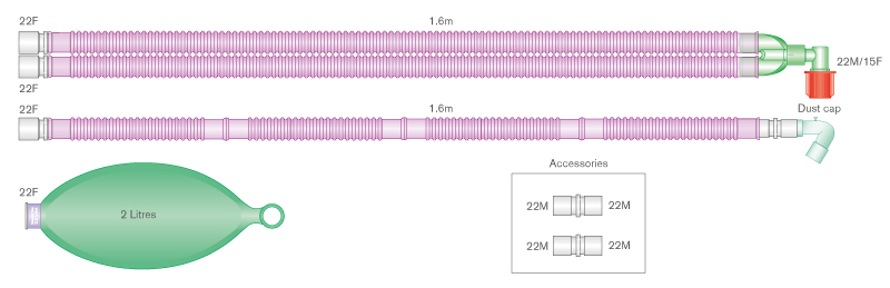 22mm Flextube™ Silver Knight™ anti-microbial breathing system for use with Aisys®, Avance® and Aespire® Carestation® with 2 L bag, and limb, ≥ 1.6m