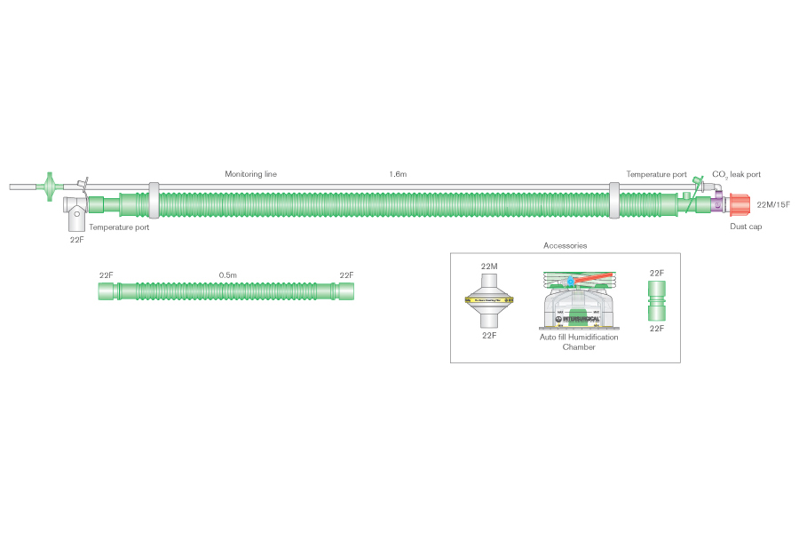 30mm Flextube bilevel heated wire breathing system with swivel CO₂ leak port, monitor line with filter, auto-fill chamber, Flo-Guard™ and extra limb. ≥ 1.6m