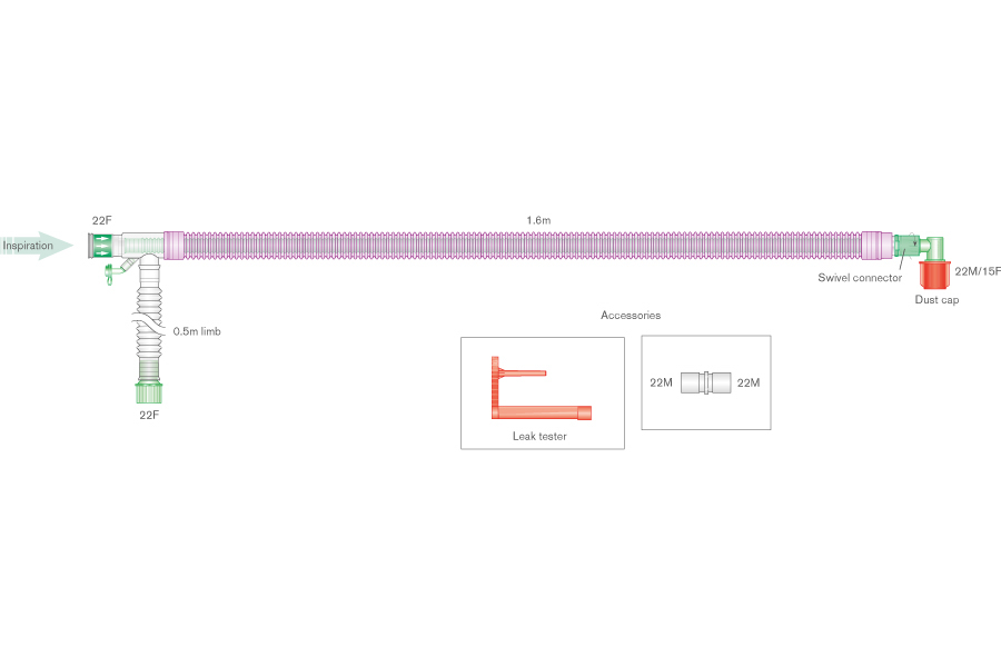 30mm UniFlow™ Silver Knight™ anti-microbial coaxial breathing system with luer connector, integral monitoring line, and elbow, ≥ 1.6m