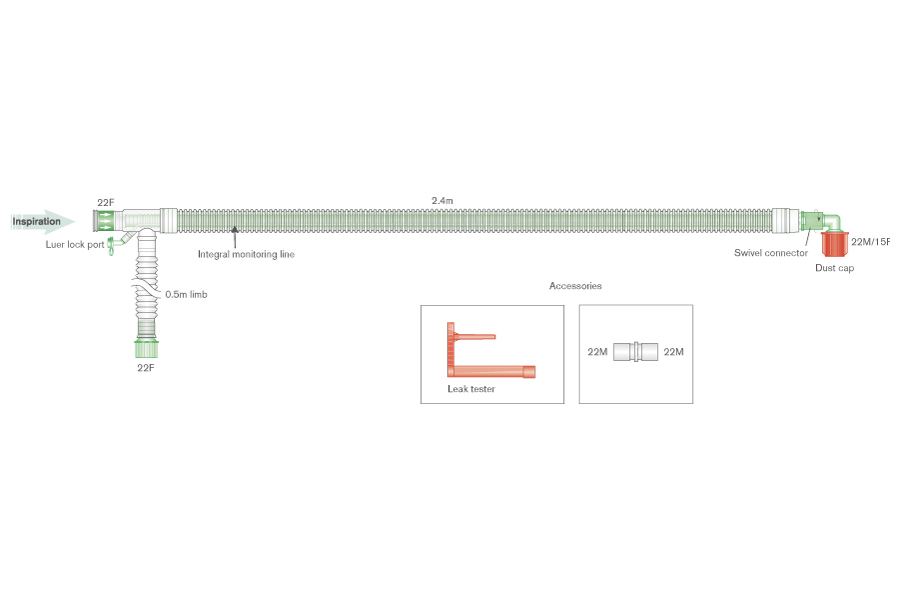 30mm UniFlow™ coaxial breathing system with luer connector, integral monitoring line, and elbow, ≥ 2.4m