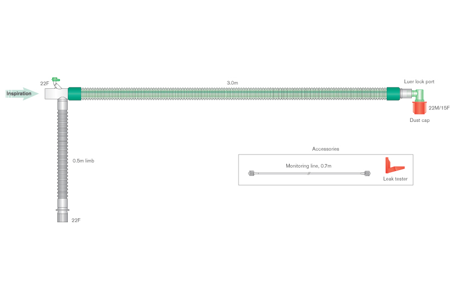 22mm DuoFlow™ breathing system with luer connector, integral monitoring line, and elbow, ≥ 3.0m
