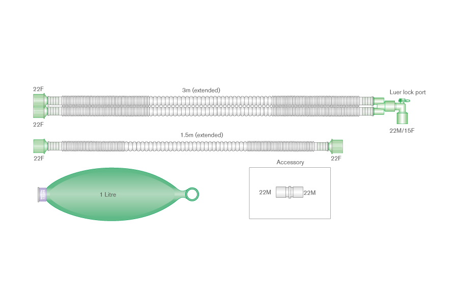 15mm Compact breathing system with 1 L bag, luer elbow, and limb, ≥ 3m