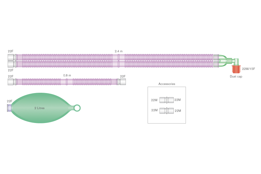 22mm Flextube™ Silver Knight™ anti-microbial breathing system with 2 L bag, and limb, ≥ 2.4m