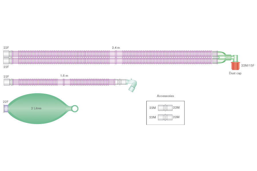 22mm Flextube™ Silver Knight™ anti-microbial breathing system for use with Aisys®, Avance® and Aespire® Carestation® with 2 L bag, and limb, ≥ 2.4m