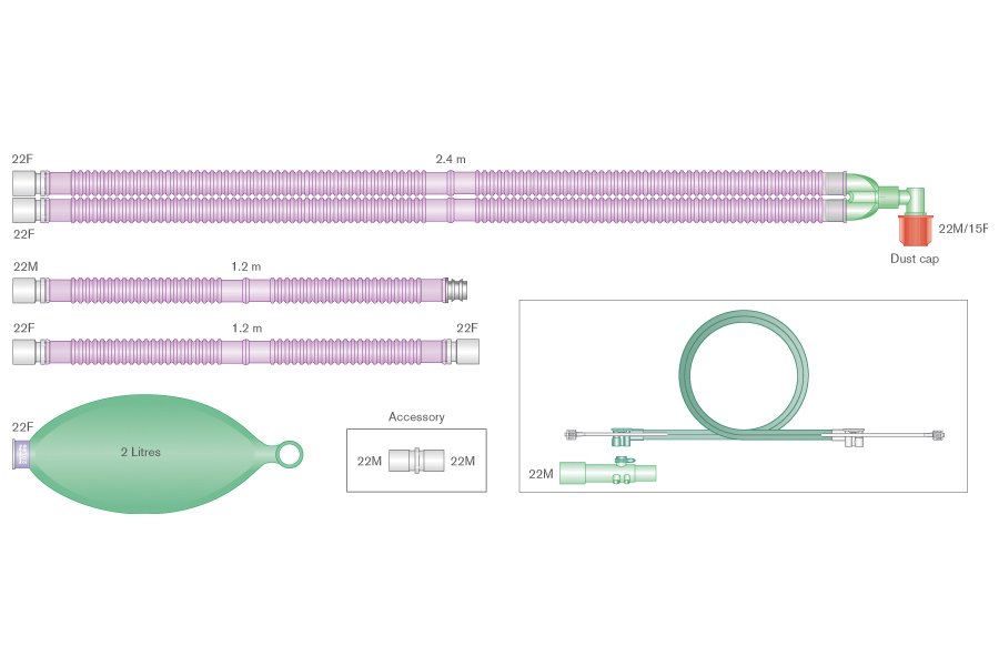 22mm Flextube™ Silver Knight™ anti-microbial breathing system for use with ADU™ Carestation® with 2 L bag, spirometry set, and extra limb, ≥ 2.4m