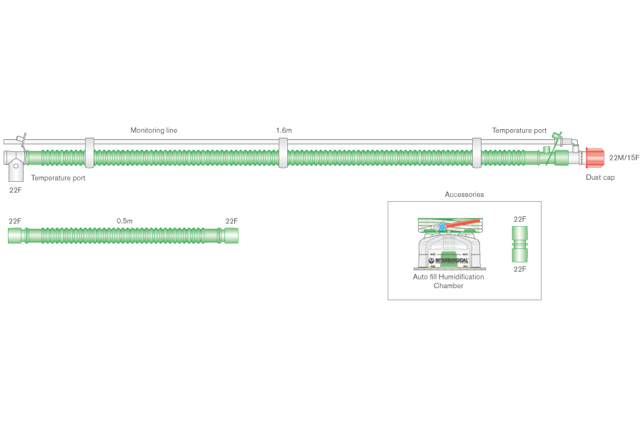 22mm Flextube bilevel heated wire breathing system with swivel patient connector, monitor line, auto-fill chamber and extra limb. ≥ 1.6m