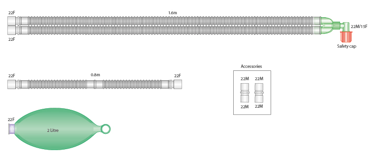 22mm Flextube™ breathing system with 2 L bag, elbow, and limb, ≥ 1.6m